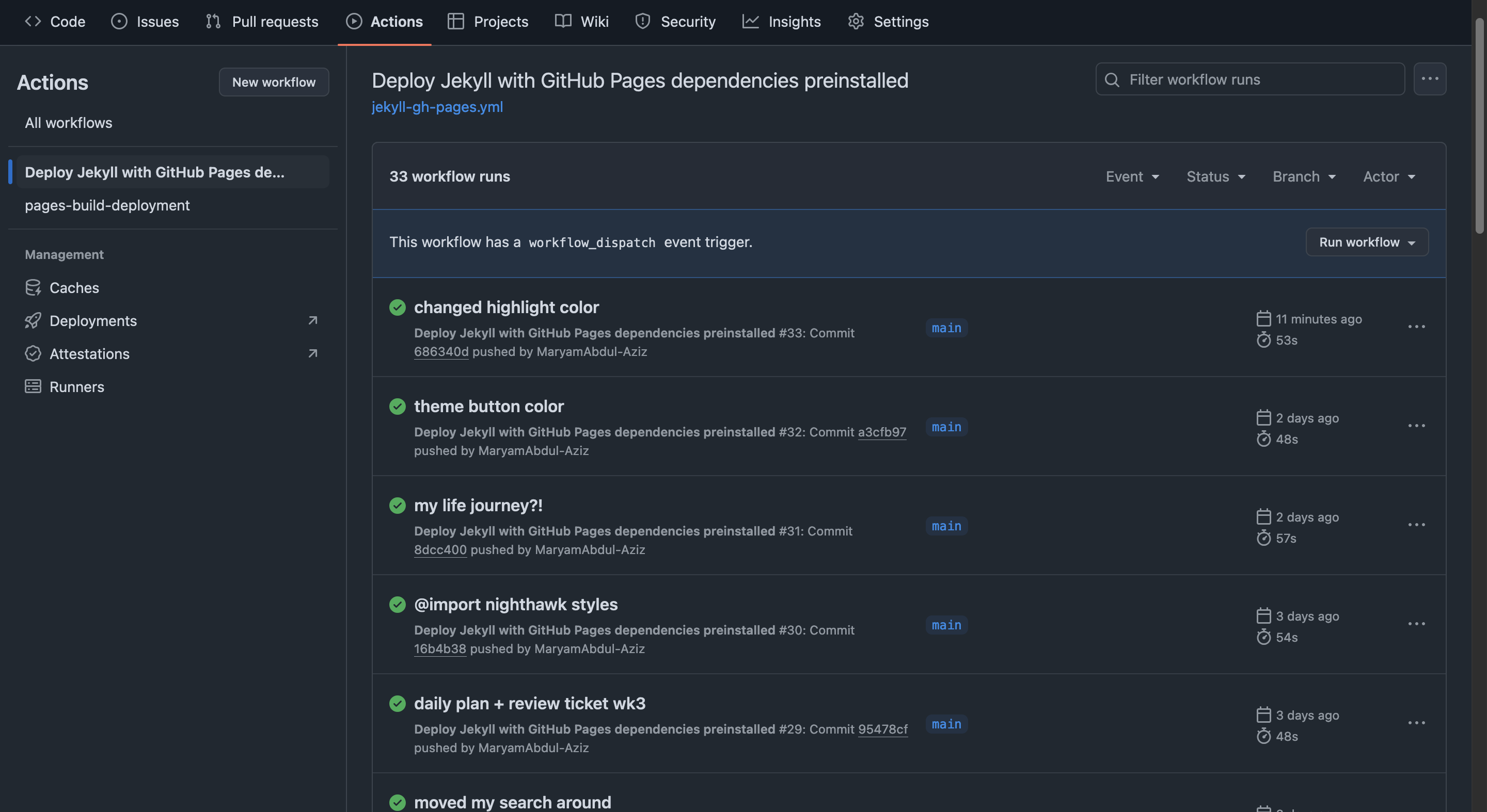 screenshot of github pages actions